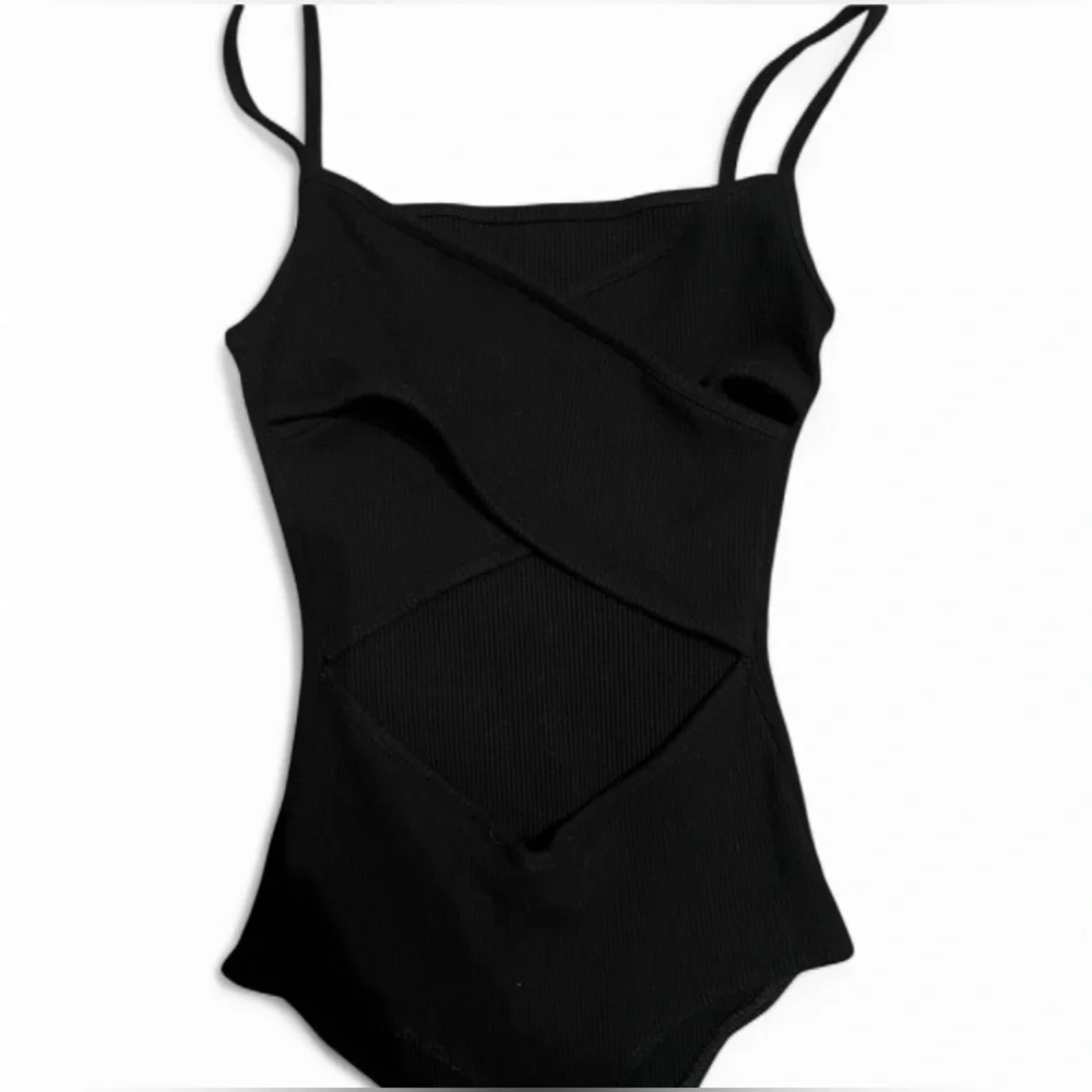 Lulus Ribbed Crisscross Back Square Neck Black Bodysuit - Picture 3 of 3